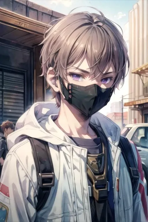 masterpiece, best quality, photorealistic, 1boy, solo, male focus, looking at viewer, upper body, depth of field, (watercolor illustration, soft pastel colors:1.1), realistic, <lora:zakuro_oshigiri:0.66>, zakuro_oshigiri, brown hair, purple eyes, mouth mask, , science fiction dieselpunk,