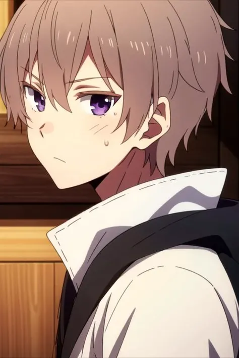 masterpiece, best quality, illustration, 1boy, solo, male focus, looking at viewer, , depth of field, , , <lora:zakuro_oshigiri:0.70>, zakuro_oshigiri, brown hair, purple eyes,