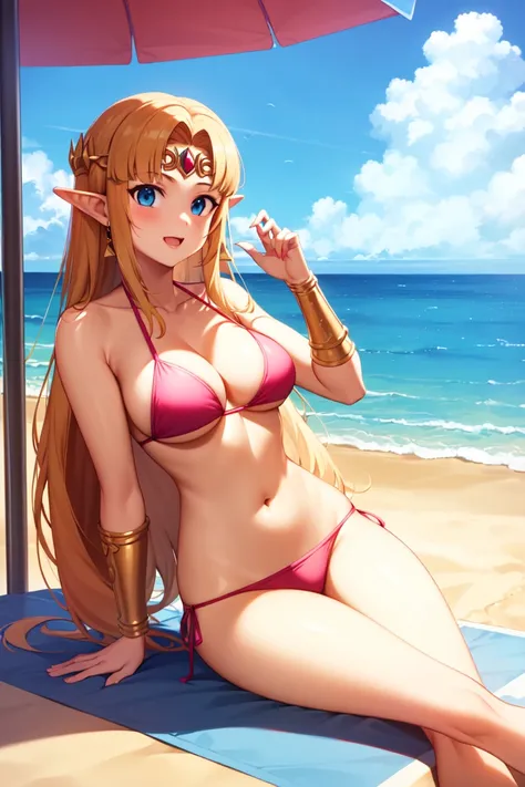 masterpiece, best_quality, 1girl, solo, princess zelda, nintendo, the legend of zelda, albw, beach, bikini