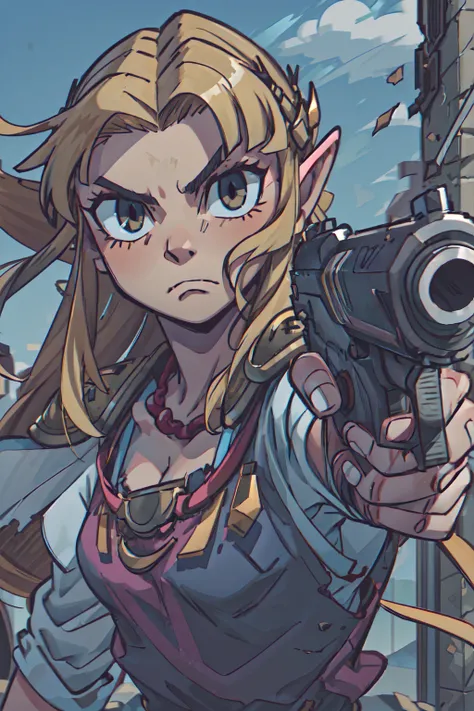 (best-quality:0.8), perfect anime illustration, portrait, cleavage, damaged chainmail armor, fierce, <lora:zeldaALBWAlttp_zeldaALBWV1:0.8>,the legend of zelda, albw, blonde hair, <lora:gunAimingAtYouV1:0.7> gunatyou, gun, aiming at viewer, holding gun, <lora:add_detail:1>