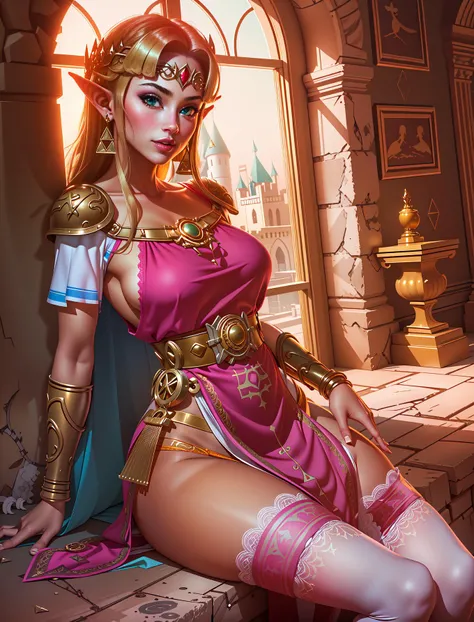 masterpiece, best quality, 1girl, solo, sexy princess zelda, green eyes, the legend of zelda, albw, aaaa \(quad-a\) <lora:zelda_ALBW_v1:0.9>, intricate rich pink dress, golden yellow stockings, elf princess, white silk panties, beautiful face, luxury palace, jewelry, alluring, detailled environment, castle cour, triforce earrings, crown