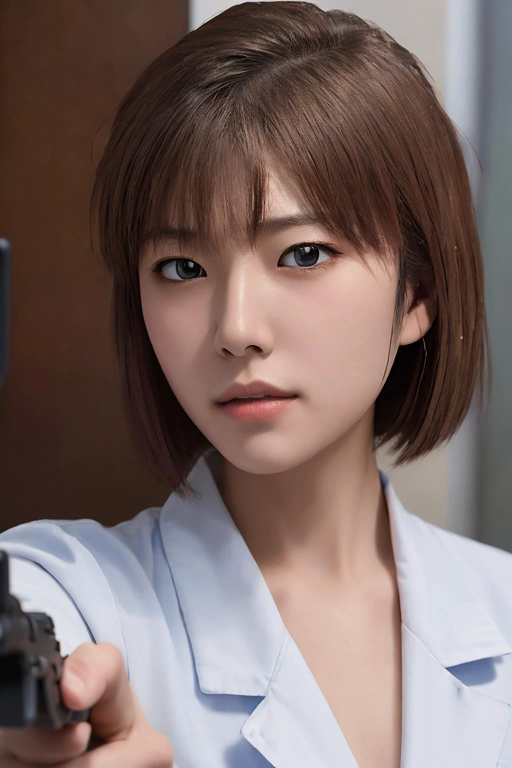 Miyano Shiho,solo,cuffs,handcuffs,labcoat,blonde hair,wariza,short hair,brown hair,dark,(upper body:1.2),(detailed face:1.2),detailed skin,looking at viewer,(female child:1.2),(aiming at viewer,handgun,holding pistol:1.2),close-up,
<lora:Miyano Shiho_20230724204518:0.7>,<lora:epiCRealismHelper:0.6>,<lora:YFilter_PortraitEnhance_V1:0.4>, masterpiece,8k,incredibly_absurdres,best quality,depth field,photorealistic,ultra highres,real picture,(realistic:1.2),masterpiece,intricate details,ultra-detailed,