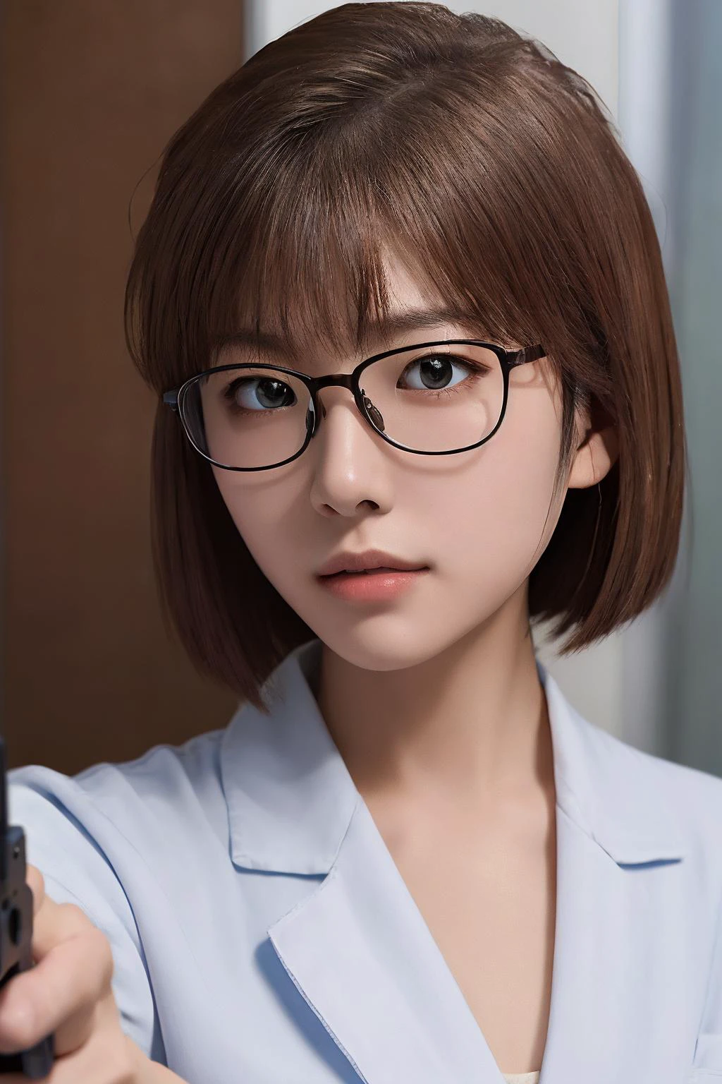 Miyano Shiho,solo,cuffs,handcuffs,labcoat,blonde hair,wariza,short hair,brown hair,dark,(upper body:1.2),(detailed face:1.2),detailed skin,looking at viewer,(female child:1.2),(aiming at viewer,handgun,holding pistol:1.2),close-up,glasses,
<lora:Miyano Shiho_20230724204518:0.7>,<lora:epiCRealismHelper:0.6>,<lora:YFilter_PortraitEnhance_V1:0.4>,, masterpiece,8k,incredibly_absurdres,best quality,depth field,photorealistic,ultra highres,real picture,(realistic:1.2),masterpiece,intricate details,ultra-detailed,