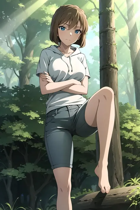 ((masterpiece)),((best quality)),ultra-detailed,illustratio,Explicit,nsfw,Beautiful body,Beautiful Nose,Beautiful character design,perfect eyes,perfect face,wallpaper,ultra highres,4K,photography,(Beautiful, large breasts),(beautiful face:1.2),full body,(beautiful legs, perfect legs),shiny skin,anime screencap,Miyano Shiho,1girl,dirty,solo,pants,barefoot,brown hair,nature,forest,crossed arms,tree,blue eyes,short hair,dirty clothes,dirty feet,outdoors,shirt,bangs,short sleeves,hood,standing,closed mouth,grey pants,sunlight,leg up,full body,brown pants,dirty face,hood down,bruise,standing on one leg,collarbone,bob cut,against tree,injury,hoodie,light rays,hair between eyes,white shirt,capri pants,shiny hair,bruise on face,day,black pants,blue shirt,grey shirt,sunbeam,feet,nsfw,<lora:Miyano Shiho:0.7>,art shift,