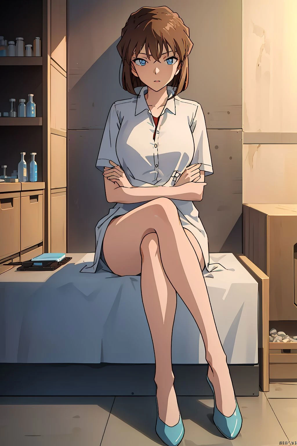 <lora:Miyano Shiho:0.9>, 1girl, brown hair,short hair,blue eyes,full body,laboratory,sitting,, (masterpiece, best quality, high quality, highres, ultra-detailed)