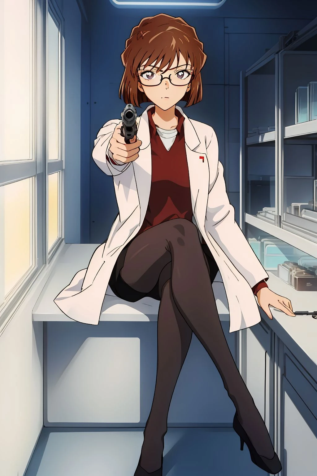 <lora:Miyano Shiho:0.9>, 1girl, brown hair,short hair,full body,laboratory,sitting, lab coat,detailed eyes,pantyhose, glasses, holding gun, <lora:aimingAtViewer_v1:0.8>, aiming at viewer, handgun, holding pistol, (masterpiece, best quality, high quality, highres, ultra-detailed),