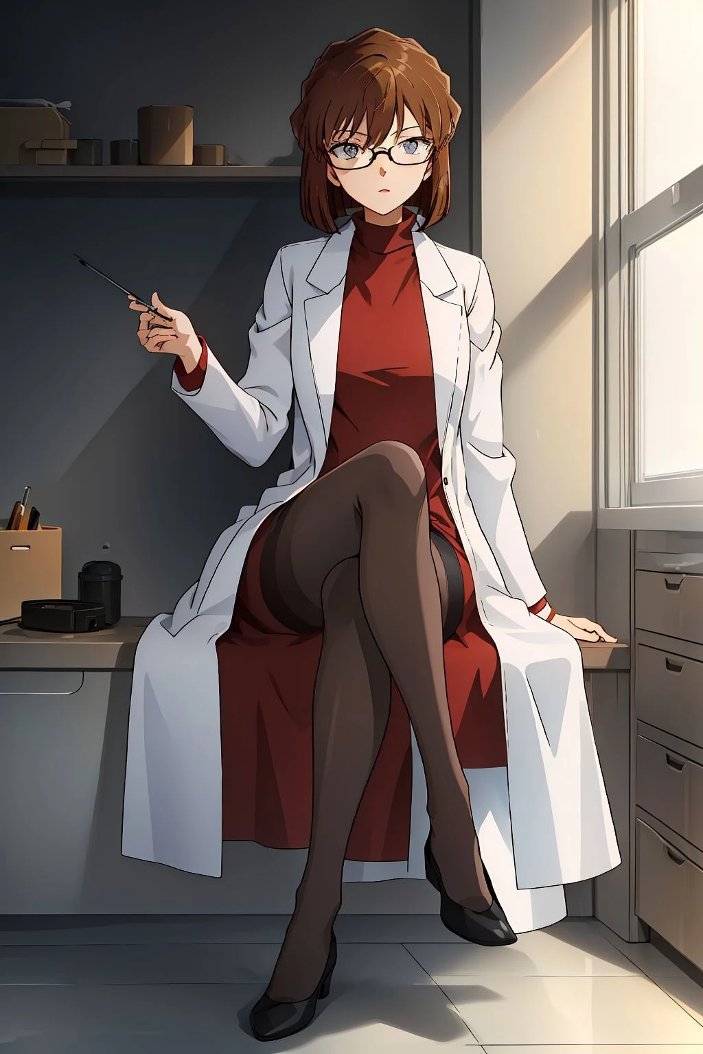<lora:Miyano Shiho:0.9>, 1girl, brown hair,short hair,full body,laboratory,sitting, lab coat,detailed eyes,pantyhose, glasses,, (masterpiece, best quality, high quality, highres, ultra-detailed),