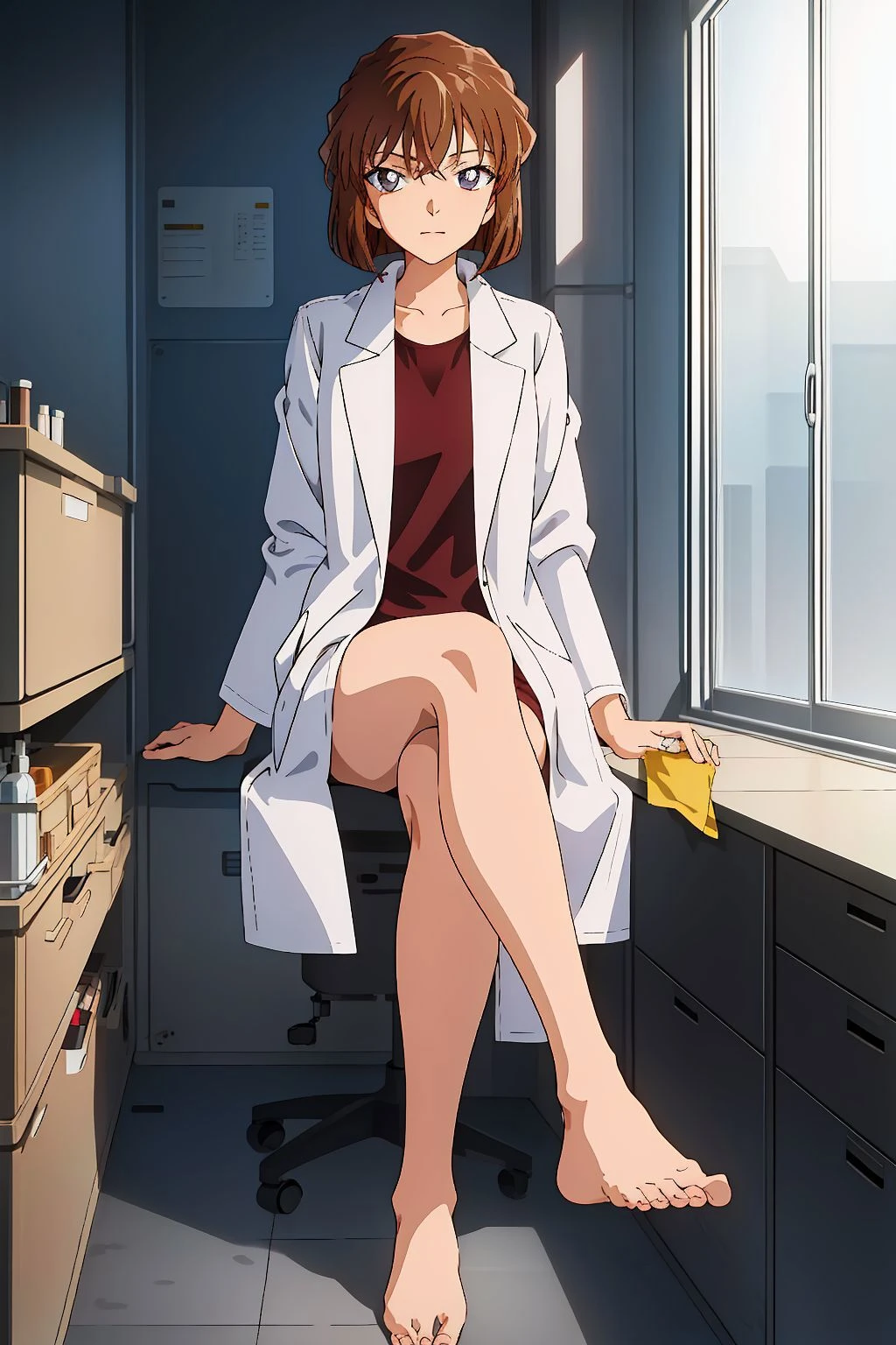 <lora:Miyano Shiho:0.9>, 1girl, brown hair,short hair,full body,laboratory,sitting, barefoot, lab coat,detailed eyes, (masterpiece, best quality, high quality, highres, ultra-detailed),