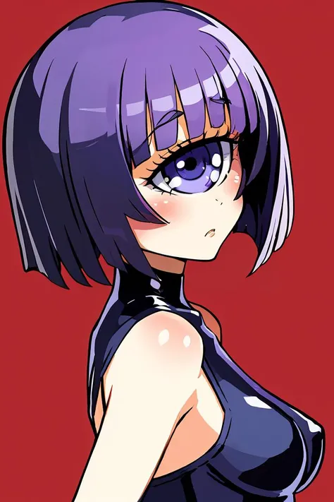 (masterpiece, best quality), 1girl, <lora:LoRA_Manako:1> Manako, eyelashes, blue eyes, purple eyes, one-eyed, cyclops, short hair, purple hair, blush, medium breasts,