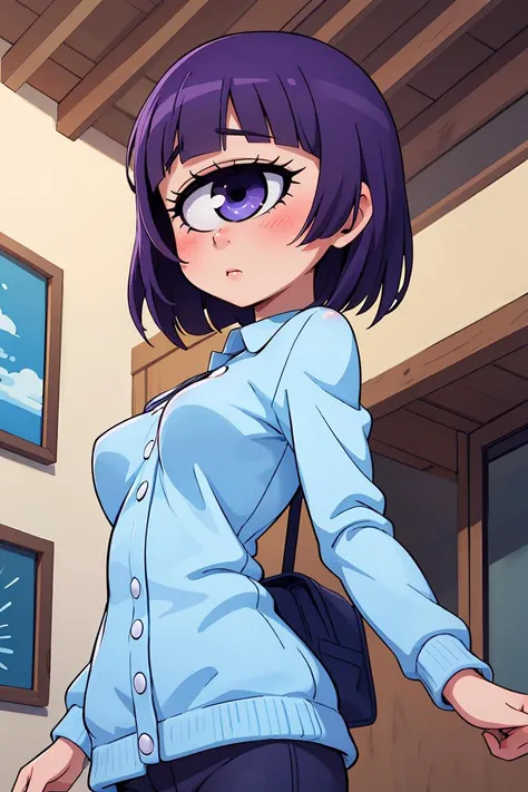 (Purple hair:1.4), gray eyes, , short, short long hair, kind expression, shy, almost no breasts, slightly exposed. hair,(flipped hair ), flipped hair, ahoge, girl alone, flipped hair, flipped hair, flipped hair, flipped hair, glasses with no edges, embarrassed, (flat chest:1.2)， , (Naked: 1.5)，nipples are visible，pussy are visible