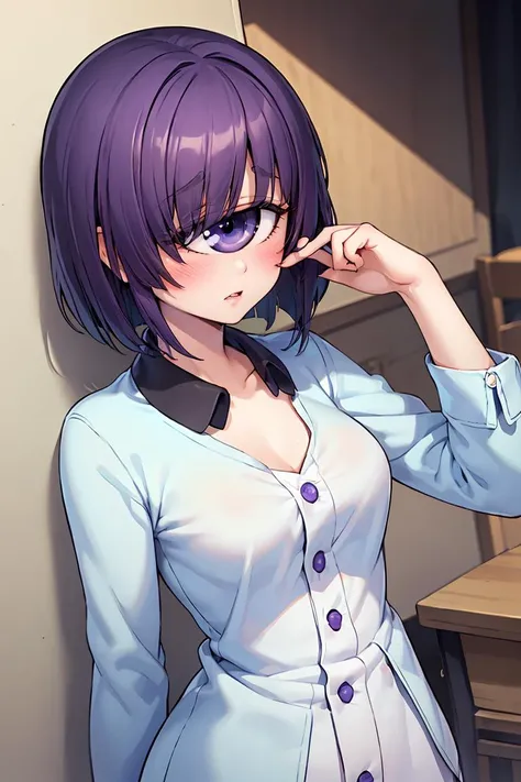 (masterpiece, best quality), 1girl, <lora:LoRA_Manako:1> Manako, eyelashes, blue eyes, purple eyes, one-eyed, cyclops, short hair, purple hair, blush, medium breasts,