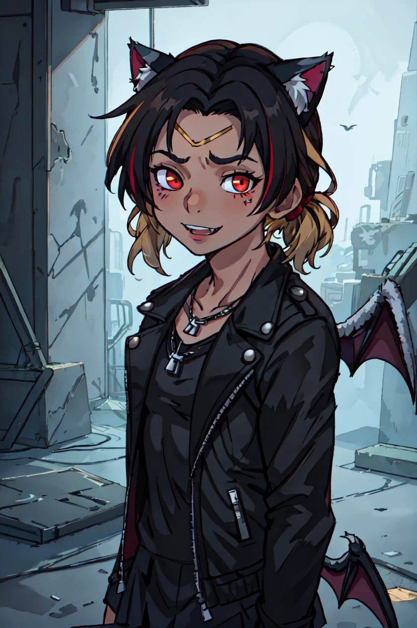 <lyco:Chris_Xvoor-06:0.7>Chris_Xvoor, 1boy, male focus, solo, looking at viewer, short hair, blue eyes, shirt, black hair, red eyes, animal ears, jewelry, jacket, upper body, red hair, open clothes, cat ears, necklace, open jacket, lips, black jacket, black shirt, heterochromia, leather, leather jacket, NeonLighting RaElle-Hellaine NagiDark KawaiiMoon