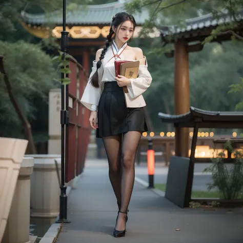 cinematic photo black color RealPantyhose,pointed leather high heels,best quality,((((masterpiece)))),((((highly detailed)))),[[[realistic art]]],((full body)),wide shot,ultra highres,spread legs,makeup,fundoshi,eyeshadow,long_eyelashes,red_lips_,1girl,xxmixgirl,. 35mm photograph,film,bokeh,professional,4k,highly detailed,twin braids,black skirt,white shirt,hair over shoulder,holding book,hanfu,chinese clothes,<lora:RealPantyhose_1_0:1.1>, . 35mm photograph, film, bokeh, professional, 4k, highly detailed