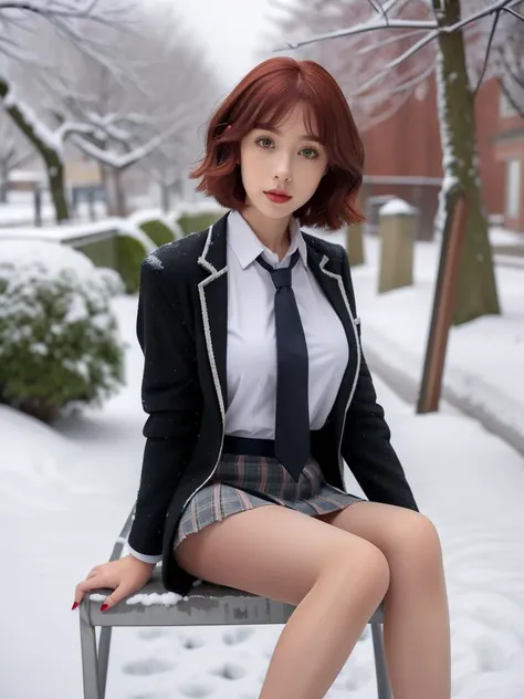 <lora:RealPantyhose_1_0:0.9>,(black RealPantyhose:1),extremely sheer pantyhose,1girl, solo, skirt, plaid skirt, jacket, necktie, plaid, sit, short hairstyle,red hair, striped necktie, school uniform, striped, shirt, outdoors, winter clothing, open jacket, realistic, high res, snow, a snowy alley, sit in a mossy rock fence, black polish nails, beautiful nails