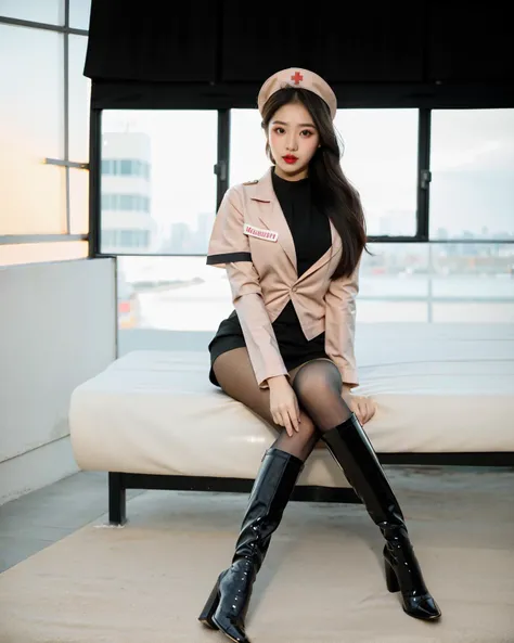<lora:RealPantyhose_1_0:0.7>,RAW photo,nurse,(black color:1.3) RealPantyhose:1.1,kendollegver,depth of field,(Delicate makeup,Red lip,lying silkworm,eyeline,blusher),looking at camera,(doctor studio:1.2),(high detailed skin:1.2),8k uhd,dslr,soft lighting,high quality,film grain,Fujifilm XT3,high heel boots,1girl,fundoshi,eyeshadow,long_eyelashes,nurse cap,uniform,sitting,<lora:kdlegver-000008:0.6>,