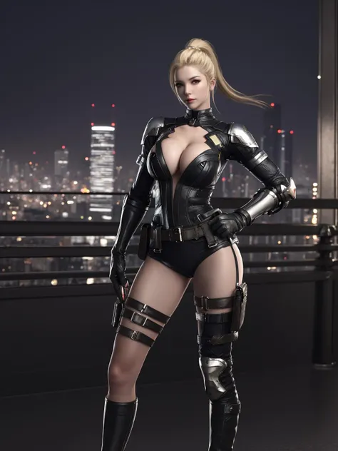 <lora:CFshenpanzheLHWZ:0.75>,CFshenpanzheLHWZ, 1girl, solo,blonde hair, breasts, boots, cleavage, thigh strap, shorts, gloves,thigh holster, ponytail, thighhighs, armor, lips, belt, mature female, cityscape, night, looking at viewer, hand on hip, leather,