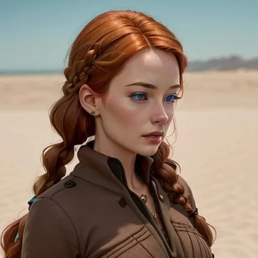 a women with ginger hair and braid,  highly detailed, sharp focus, masterpiece, Dune <lora:Dune_v11:0.6>