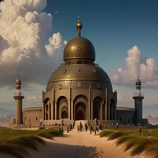 In this image, a unique temple is depicted, combining architectural elements from several different religions. The building features distinctive features of different religious traditions such as Islamic arches, Christian stained glass windows, Buddhist statues and Hindu symbols. This fusion of religious styles and symbols seeks to convey the idea of a harmonious union between the various faiths and the search for peaceful coexistence. This innovative image underscores the importance of interfaith dialogue and religious tolerance in a pluralistic world.