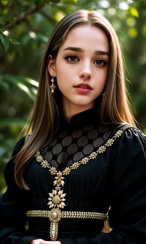 (RAW photo:1.1), (photorealistic:1.4), (best quality:1.4), Tower13_Scoobie, (Eyeliner, Eyeshadow, make-up, lipstick:1.15), beautifully detailed, professional photography, (ultra detailed), (beautiful detailed eyes:1.3), detailed face, delicate face, smooth face, (detailed facial features), absurdres, 8k, (extremely delicate and beautiful), (highly detailed skin), detailed nose, detailed mouth, physically-based rendering, high resolution, uhd, dslr, high quality, depth of field, (sharpness:1.2), film grain, Fujifilm XT3, (intricately detailed black Florentine renaissance clothes:1.4), (standing:1.2) in the woods,