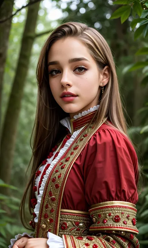 (RAW photo:1.1), (photorealistic:1.4), (best quality:1.4), Tower13_Scoobie, (Eyeliner, Eyeshadow, make-up, lipstick:1.15), beautifully detailed, professional photography, (ultra detailed), (beautiful detailed eyes:1.3), detailed face, delicate face, smooth face, (detailed facial features), absurdres, 8k, (extremely delicate and beautiful), (highly detailed skin), detailed nose, detailed mouth, physically-based rendering, high resolution, uhd, dslr, high quality, depth of field, (sharpness:1.2), film grain, Fujifilm XT3, (intricately detailed red Florentine renaissance clothes:1.4), (standing:1.2) in the woods,
