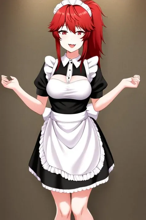 <lora:aizawa_akemi:0.7> masterpiece, best quality, 1girl, solo, long hair, breasts, looking at viewer, smile, open mouth, fang, bangs, red eyes, medium hair, ponytail, sidelocks, maid, maid headdress, maid apron, short sleeves,