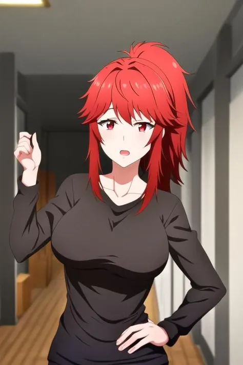 <lora:aizawa_akemi:0.7> masterpiece, best quality, 1girl, solo, long hair, breasts, looking at viewer, open mouth, bangs, shirt, long sleeves, red eyes, ponytail, sidelocks, red hair, indoors, medium hair, hand on hip, black shirt, high