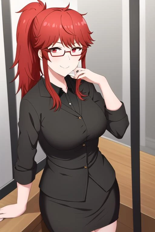 CARTOON_barbara_ownwaifu,cell Shading,anime coloring,naked,no clothes,naked,masterpiece,best quality,www.ownwaifu.com,long hair,glasses,red hair,blue eyes,black-framed eyewear,breasts,under-rim eyewear,semi-rimless eyewear, curvy, toned, large breasts, narrow waist