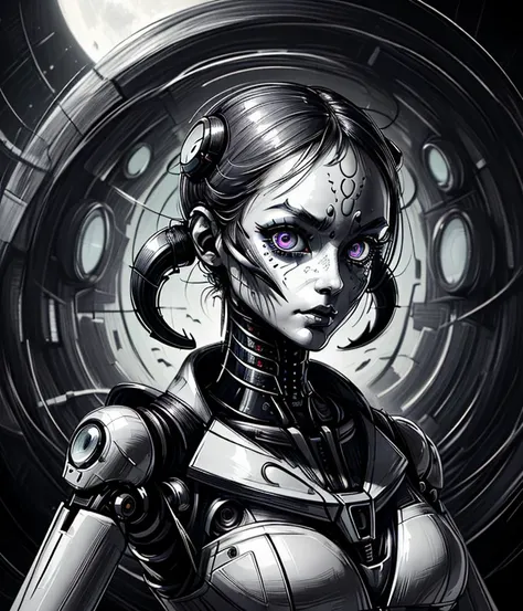 scribble, fashion portrait, robotic female alien cyborg species, large eyes, robotic limbs, mechanical joints highly detailed <lora:scribble-15:.7>