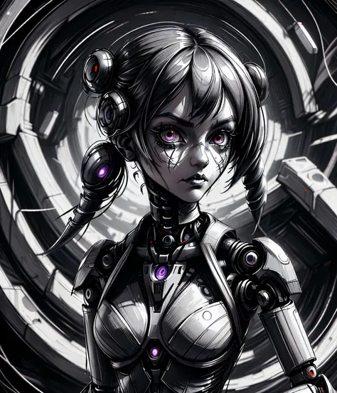 scribble, fashion portrait, robotic female alien cyborg species, large eyes, robotic limbs, mechanical joints highly detailed <lora:scribble-15:.8>