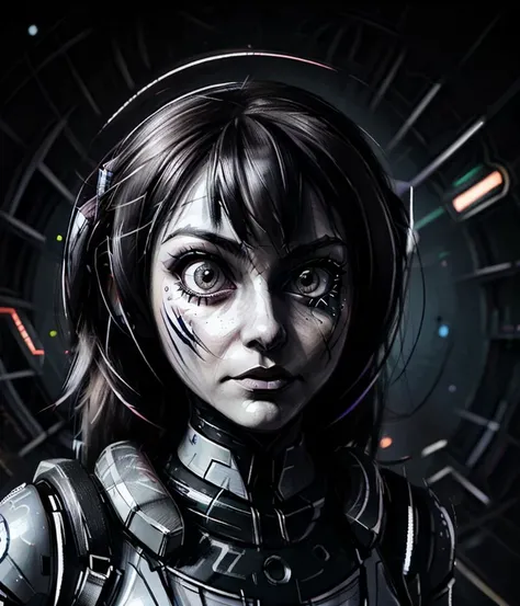 scribble, thin lines, vivid background, fashion portrait, robotic female alien cyborg species, large eyes, robotic limbs, mechanical joints, highly detailed <lora:scribble-15:1>