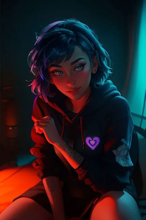 DEN_Liasunmoon_SG,
sitting at a computer wearing headphones and playing games (holding a controller:1.2) wearing a hoodie in a (neon lit room:1.3), (gamer:1.2), gaming, gamer girl, games, (purple lighting, neon:1.2),
bokeh, f1.4, 40mm, photorealistic, raw, 8k, textured skin, skin pores, intricate details  <lora:epi_noiseoffset2:1>, epiCRealism <lora:detail_slider_v4:0.8> <lora:ClothingAdjuster3:-1.2>