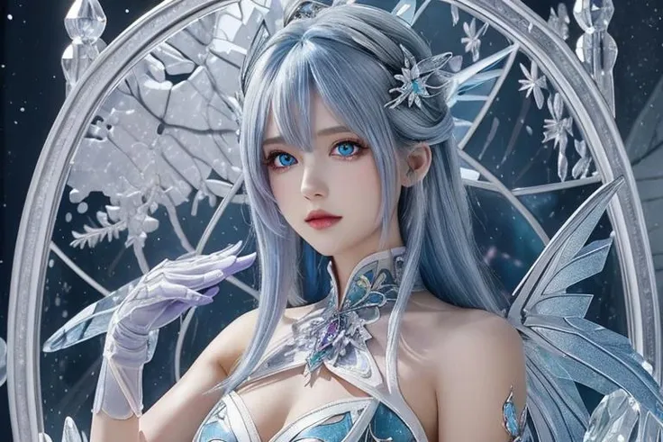 masterpiece,best quality, ((best quality)), ((masterpiece)), ((ultra-detailed)), (illustration), (detailed light), (an extremely delicate and beautiful), a girl, solo, (beautiful detailed eyes), blue dragon eyes, (((Vertical pupil))), two-tone hair:blue and white, shiny hair, colored inner hair, (blue Dragonwings), blue_hair ornament, ice adorns hair, [dragon horn], depth of fieldï¼{{{{Crystalline purple gemstone gloves}}}},(gemstone of body), ((Detailed crystallized clothing)),(((masterpiece))),flower,flowers tire,broken glass,(broken screen),atlantis,transparent glassï¼