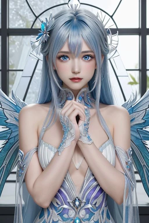 masterpiece,best quality, ((best quality)), ((masterpiece)), ((ultra-detailed)), (illustration), (detailed light), (an extremely delicate and beautiful), a girl, solo, (beautiful detailed eyes), blue dragon eyes, (((Vertical pupil))), two-tone hair:blue and white, shiny hair, colored inner hair, (blue Dragonwings), blue_hair ornament, ice adorns hair, [dragon horn], depth of fieldï¼{{{{Crystalline purple gemstone gloves}}}},(gemstone of body), ((Detailed crystallized clothing)),(((masterpiece))),flower,flowers tire,broken glass,(broken screen),atlantis,transparent glassï¼