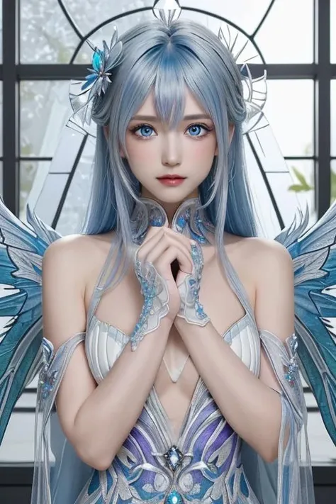 masterpiece,best quality, ((best quality)), ((masterpiece)), ((ultra-detailed)), (illustration), (detailed light), (an extremely delicate and beautiful), a girl, solo, (beautiful detailed eyes), blue dragon eyes, (((Vertical pupil))), two-tone hair:blue and white, shiny hair, colored inner hair, (blue Dragonwings), blue_hair ornament, ice adorns hair, [dragon horn], depth of fieldï¼{{{{Crystalline purple gemstone gloves}}}},(gemstone of body), ((Detailed crystallized clothing)),(((masterpiece))),flower,flowers tire,broken glass,(broken screen),atlantis,transparent glassï¼