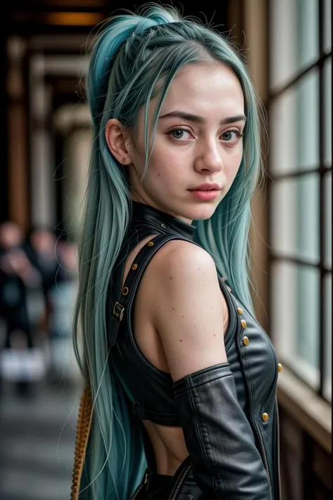 RAW photo, tv_Jane_Blue_MXAI_V1, angry expression,standing, wearing biker leathers , bathroom, pale skin, shot from the side, full body shot, flirting with the camera, instagram pose, photo, f1.4, 40mm, raw, 8k, textured skin, skin pores, intricate details, PA7_Photo <lora:detail_slider_v4:0.7>