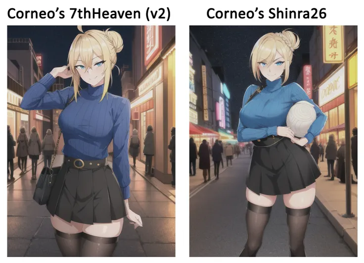 best quality, 1girl, blond hair, feathery hair, hair in bun with large pin, blue eyes, small breasts, blue sweater, black pleated skirt, black stockings, holding a small purse, eastern architecture, mischievous grin, sexy pose, tired eyes, anime screencap, night sky, entertainment district, neon lights, vibrant colors, crowded street in background