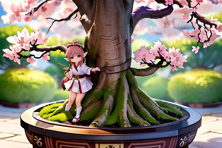 original, masterpiece, best quality, official art, (extremely detailed cg unity 8k wallpaper), (extremely fine and beautiful:1.2), (beautiful and clear background), beautiful photo of (((sakura bonsai))), with ((mini elf girls)) pruning its branches.