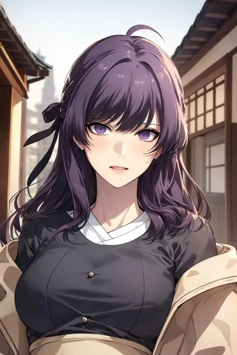 masterpiece, (best quality), 1woman,1girl , Anastasia_Zelenska, long hair, purple hair, purple eyes, black hair ribbon, long sleeves, japanese clothes,sash , jacket, dress, ahoge ,,sexy woman, adult, blush vibrant colors ,,natural lighting ,RTX, , beautiful, (detailed face:1.2), showcase, (perfect eyes:1.1) ,(photorealistic:1.1), 8k uhd, looking at viewer, outdoors, simple backround