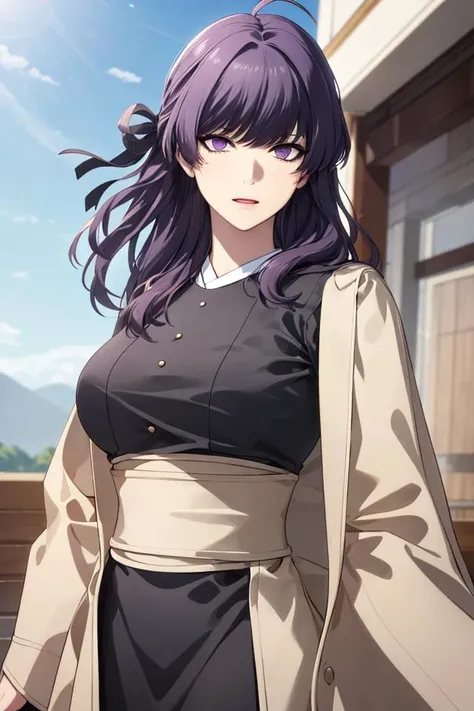 masterpiece, (best quality), 1woman,1girl , Anastasia_Zelenska, long hair, purple hair, purple eyes, black hair ribbon, long sleeves, japanese clothes,sash , jacket, dress, ahoge ,sexy woman, adult, vibrant colors ,,natural lighting ,RTX, , beautiful, (detailed face:1.2), showcase, (perfect eyes:1.1) ,(photorealistic:1.1), 8k uhd, looking at viewer, outdoors, simple backround