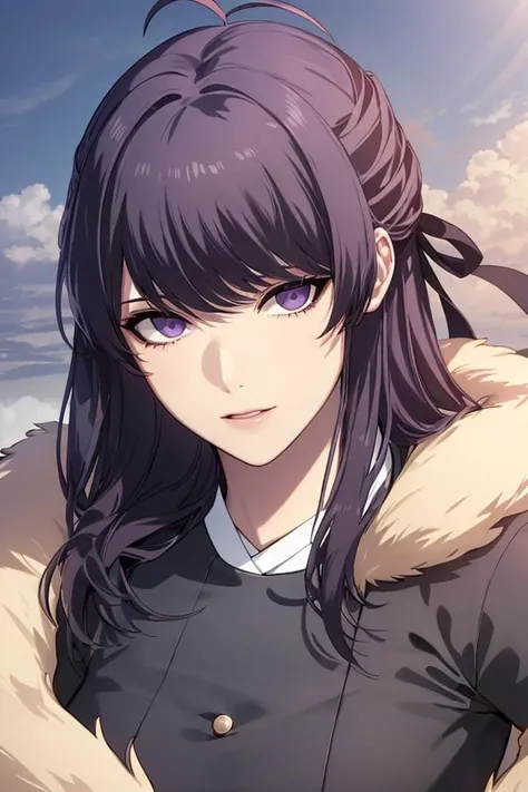 masterpiece, (best quality), 1woman,1girl , Anastasia_Zelenska, long hair, purple hair, purple eyes, black hair ribbon, long sleeves, japanese clothes,sash , jacket, dress, ahoge ,sexy woman, adult, vibrant colors ,,natural lighting ,RTX, , beautiful, (detailed face:1.2), showcase, (perfect eyes:1.1) ,(photorealistic:1.1), 8k uhd, looking at viewer, outdoors, simple backround
