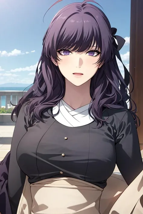 masterpiece, (best quality), 1woman,1girl , Anastasia_Zelenska, long hair, purple hair, purple eyes, black hair ribbon, long sleeves, japanese clothes,sash , jacket, dress, ahoge ,,sexy woman, adult, blush vibrant colors ,,natural lighting ,RTX, , beautiful, (detailed face:1.2), showcase, (perfect eyes:1.1) ,(photorealistic:1.1), 8k uhd, looking at viewer, outdoors, simple backround
