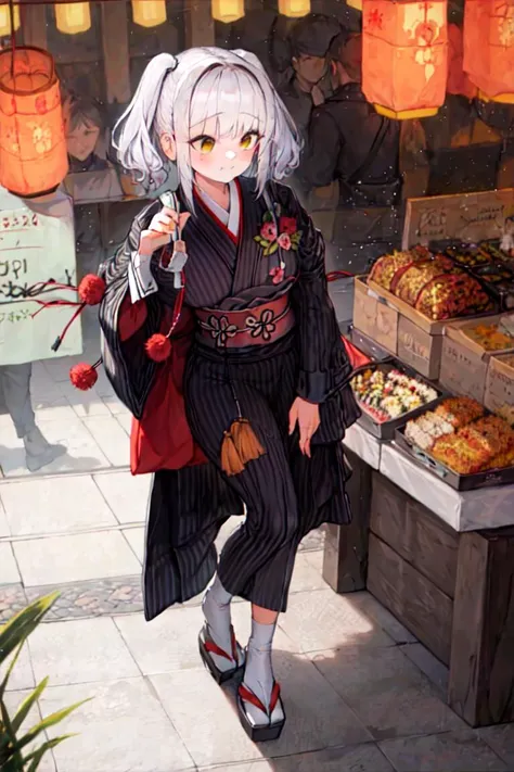 masterpiece, best quality,1girl, silver hair, looking at viewer, belorta, furisode, obi, large breasts, summer festival,