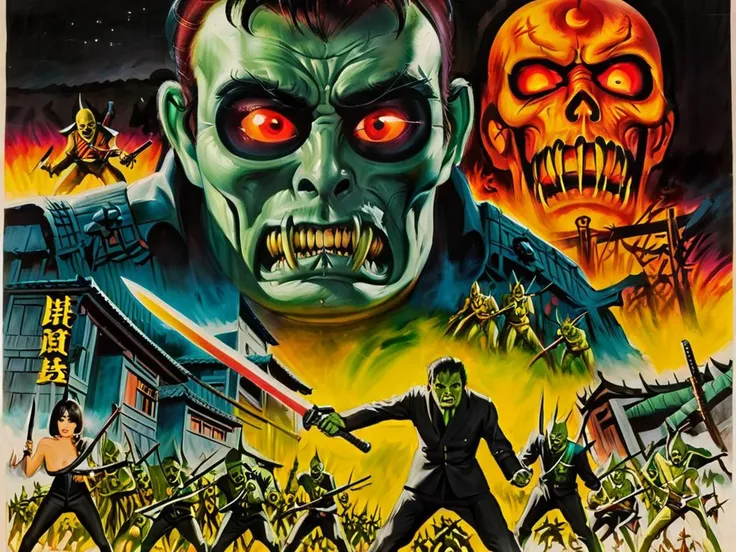 1960s movie poster, undead infernal invaders in Japan, <lora:Rafael_DeSoto:1.0>