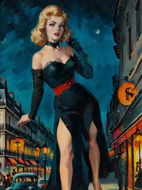 the sexy girl, night, lace dress image( art inspired by Bill Sienkiewicz, oil painting) beautiful slim thin figure, big breasts, seductive, Vulgar, erotic pose, sexy, heels, stockings, Beautiful lingerie, sexy pose, arched, city lights