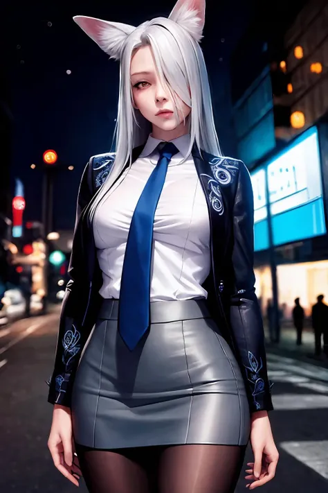 ultra realistic 8k cg, masterpiece, ((ultra detailed background, delicate pattern, intricate detail)),
1girl, solo, <lora:Santalla_Arknights_V6e7:0.8>, santalla, animal ears, fox ears, fox tail, hair over one eye, long hair, slit pupils, silver hair, yellow eyes, ahoge, cowboy shot, looking at viewer,
office lady, business suit, collared shirt, miniskirt, pantyhose, pencil skirt, blue necktie, waistcoat, outdoors, cyberpunk, neon signs, night sky, starry sky