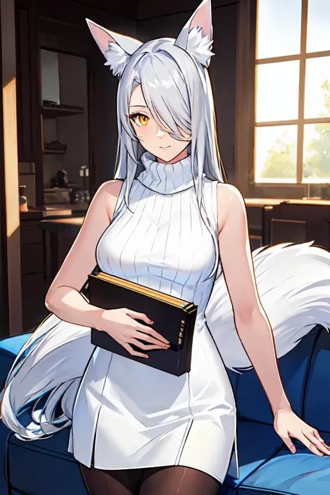 realistic, 1girl, solo, <lora:Santalla_Arknights_V6e7:0.8>, santalla, animal ears, fox ears, fox tail, hair over one eye, long hair, slit pupils, silver hair, yellow eyes, cowboy shot, looking at viewer,
white sweater, ribbed sweater, sleeveless, sleeveless turtleneck, sweater, turtleneck sweater, white skirt, pleated skirt, black pantyhose, living room,