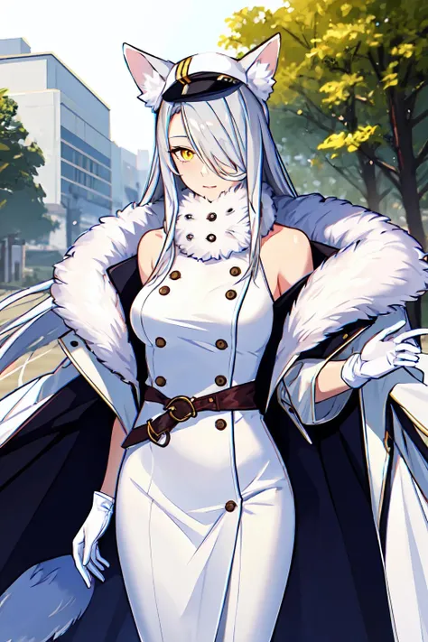 realistic, 1girl, solo, <lora:Santalla_Arknights_V6e7:0.8>, santalla, animal ears, fox ears, fox tail, fur collar, fur trim, hair over one eye, hat, long hair, off shoulder, silver hair, slit pupils, white coat, white gloves, white jacket, white shirt, white skirt, yellow eyes, cowboy shot, looking at viewer, outdoors,