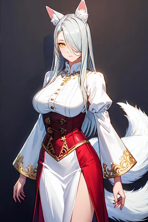 realistic, 1girl, solo, <lora:Santalla_Arknights_V6e7:0.8>, santalla, animal ears, fox ears, fox tail, hair over one eye, long hair, slit pupils, silver hair, yellow eyes, cowboy shot, looking at viewer,
red dress, red corset, long skirt, puffy skirt, long sleeves, puffy sleeves, juliet sleeves, ornate dress, jewelry, red gemstone