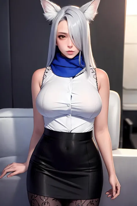 ultra realistic 8k cg, masterpiece, ((ultra detailed background, delicate pattern, intricate detail)),
1girl, solo, <lora:Santalla_Arknights_V6e7:0.8>, santalla, animal ears, fox ears, fox tail, hair over one eye, long hair, slit pupils, silver hair, yellow eyes, ahoge, cowboy shot, looking at viewer,
travel attendant, flight attendant, black jacket, black pantyhose, black skirt, blue scarf, pencil skirt, collared shirt, open collar