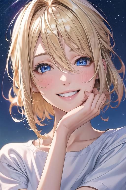 Anime girl with blue eyes and blonde hair posing for a picture - SeaArt AI